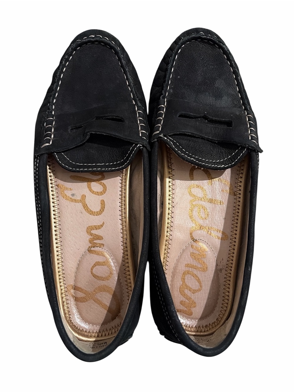 Sam Edelman Black Suede Loafers with White Topstitch